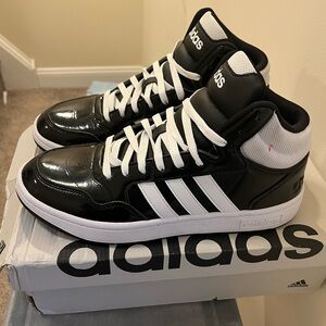 Adidas Men's Hoops 3.0 Mid Black and White Patent Sneakers